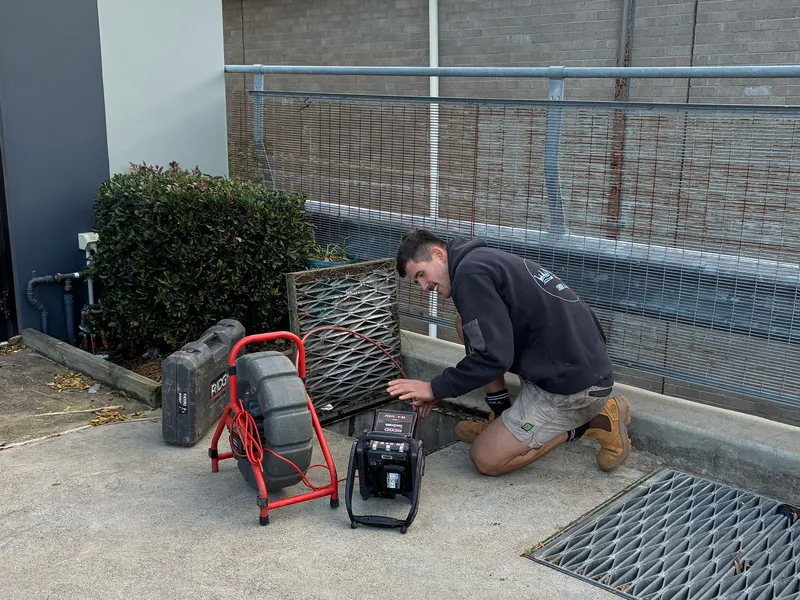 Plumber feeding a drain camera into a pit at a commercial unit